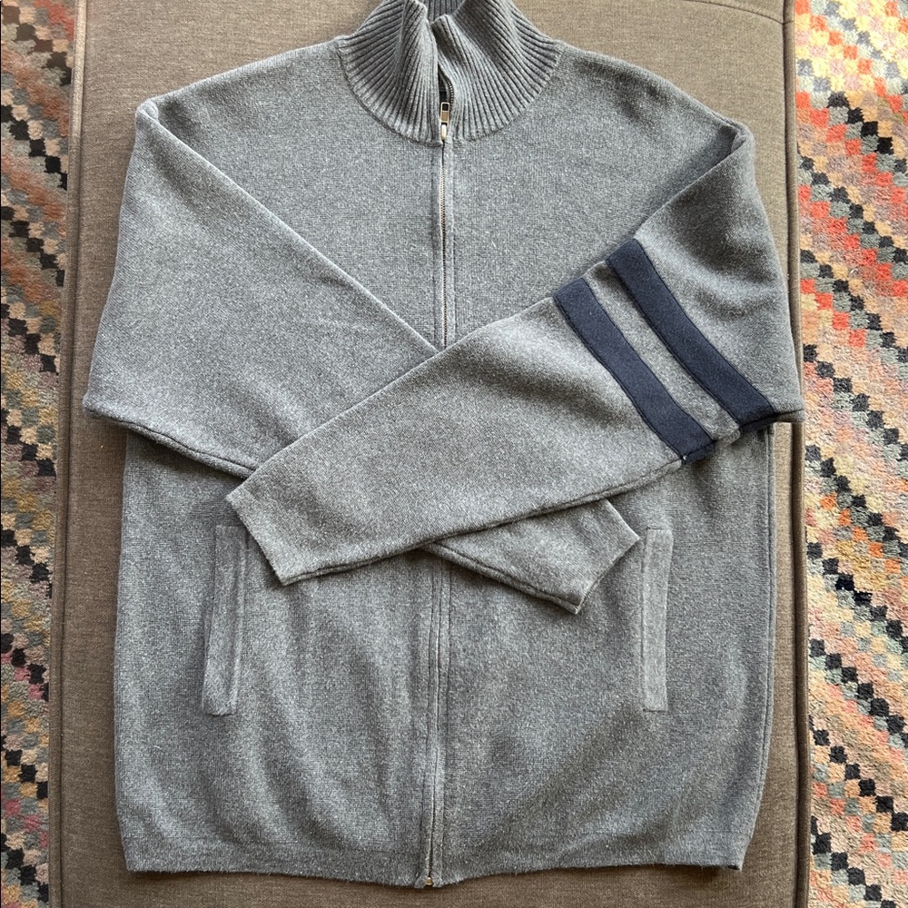 Vintage Structure Men's Gray Zip-Up Cardigan with Dark Blue Stripes